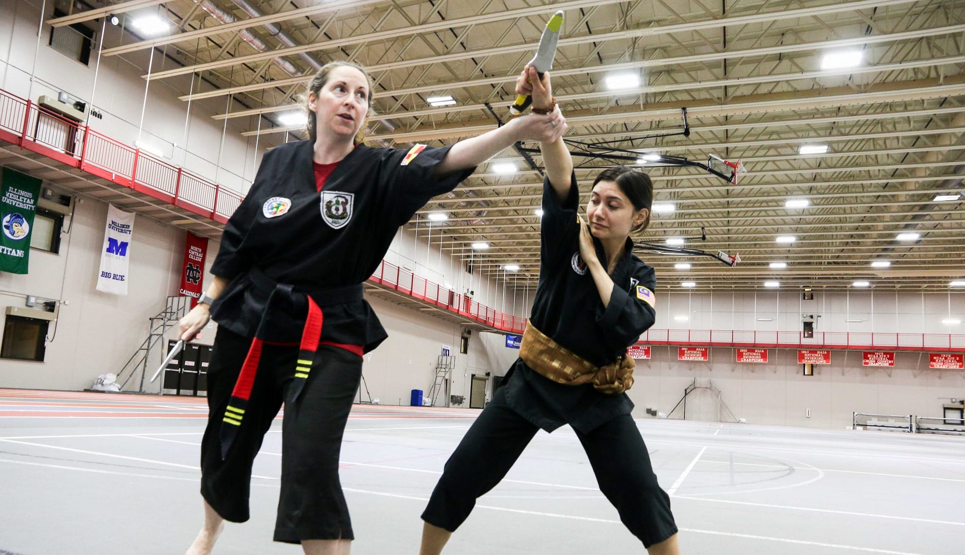 women martial artists lined up in a fighting stance