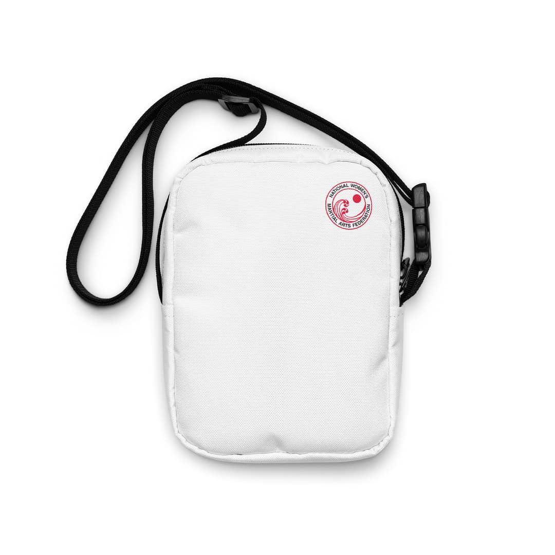 White crossbody bag, back, with NWMAF logo