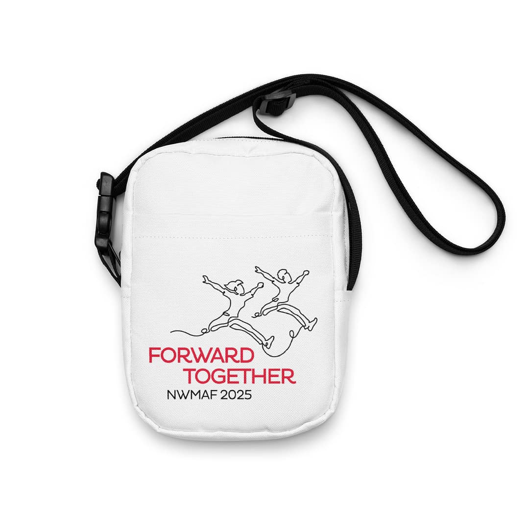 Forward Together logo on white crossbody bag, front
