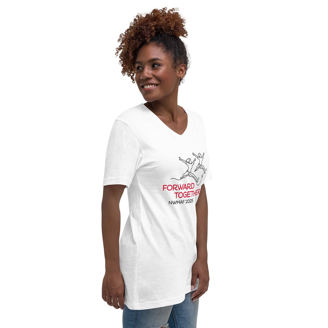 unisex v-neck tee, white, with Forward together logo