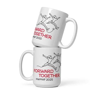 White glossy 15 ounce mug with Forward Together logo